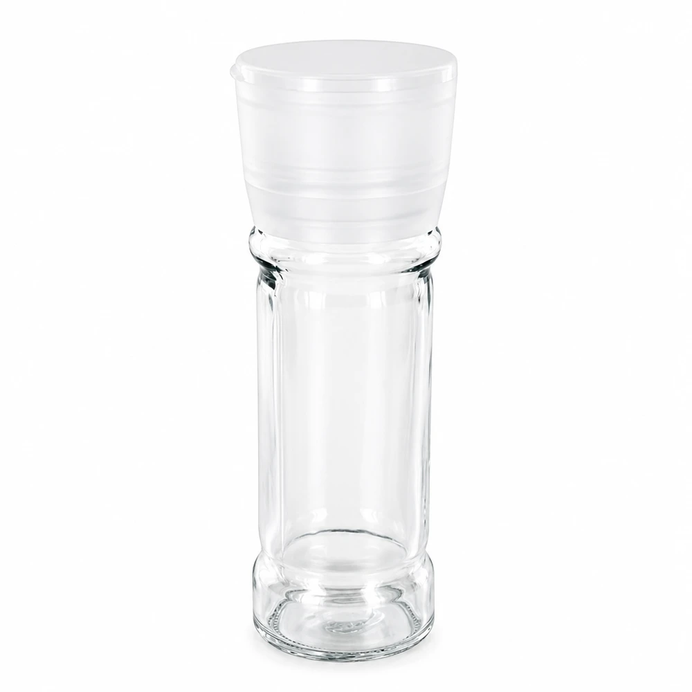 Pot à sel/épices 100 ml avec moulin Vario blanc Pot à épices vide de 100 ml avec moulin en plastique blanc et récipient en verre transparent pour le sel et les épices