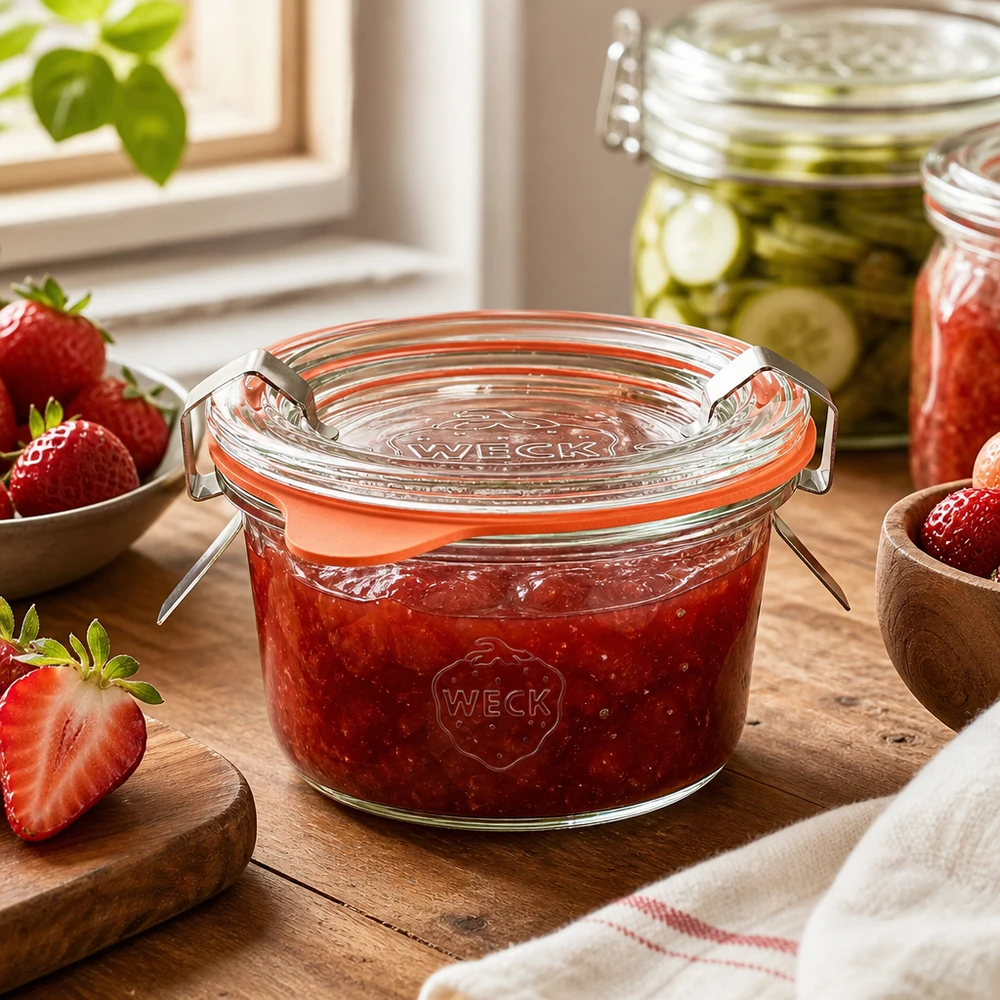 50ml bocal conique complet WECK RR60 WECK Pot renversé de 50 ml RR60 dans la cuisine rempli de confiture de fraises maison à côté de fraises fraîches sur une planche en bois