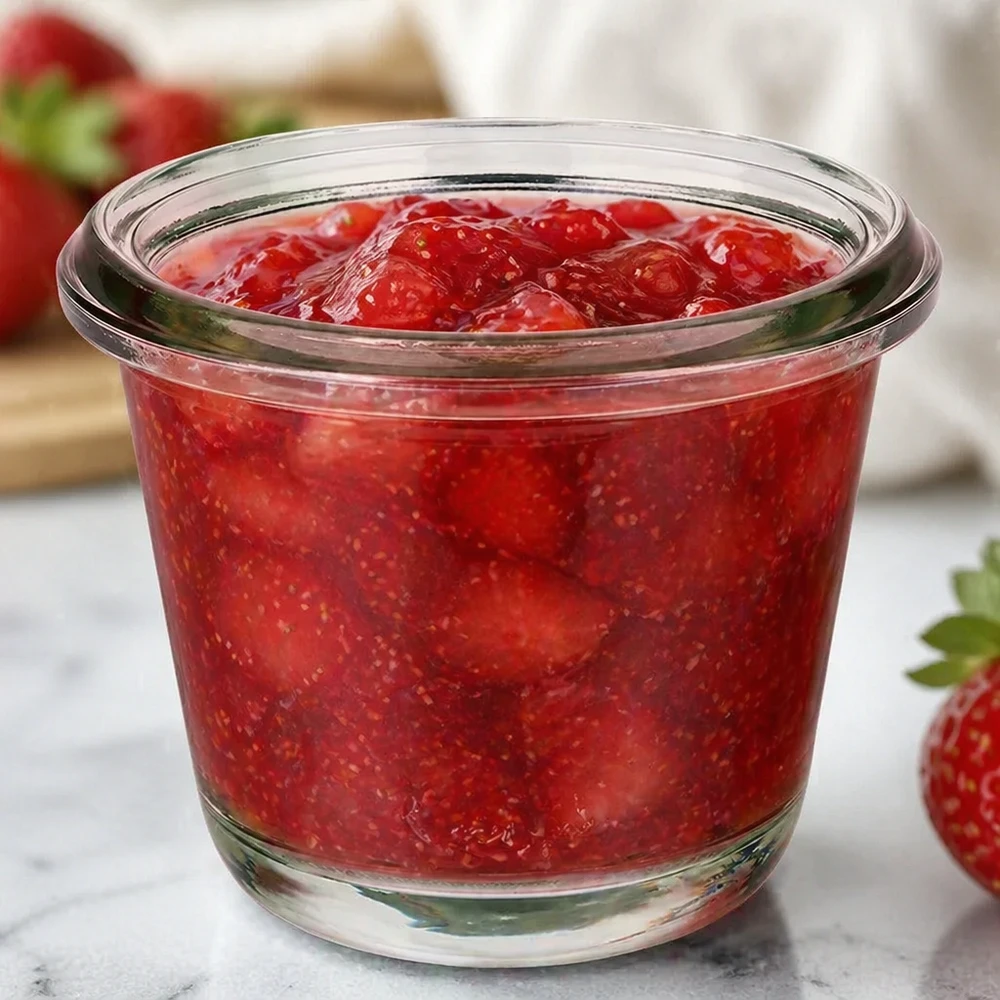 80ml bocal gourmet WECK RR60 WECK Pot gourmet RR60 80ml rempli de confiture de fraises rouges entre des fraises fraîches sur un plan de travail en marbre