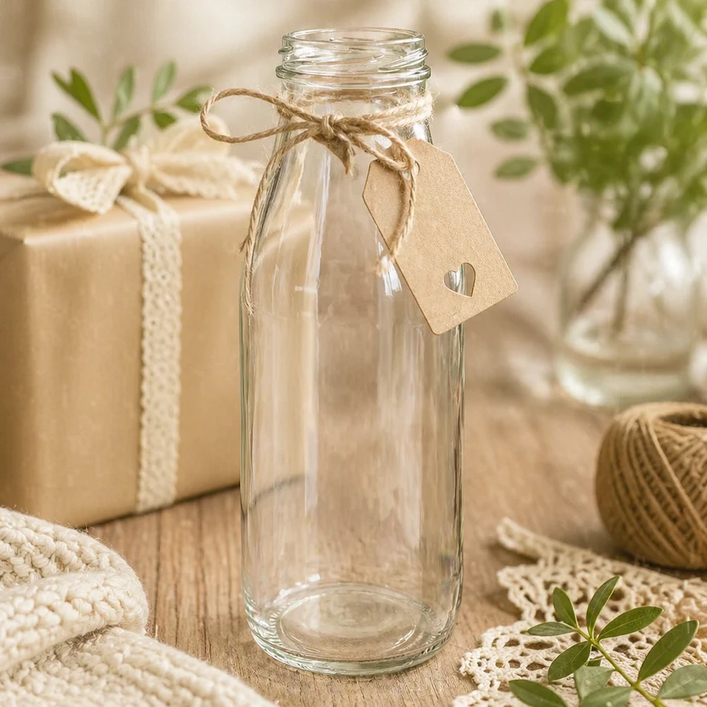 500ml Bouteille sans bouchon (TO48) UNiTWIST Bouteille en verre TO48 UNiTWIST 500ml vide avec pendentif en papier kraft et corde de jute décorée comme emballage cadeau