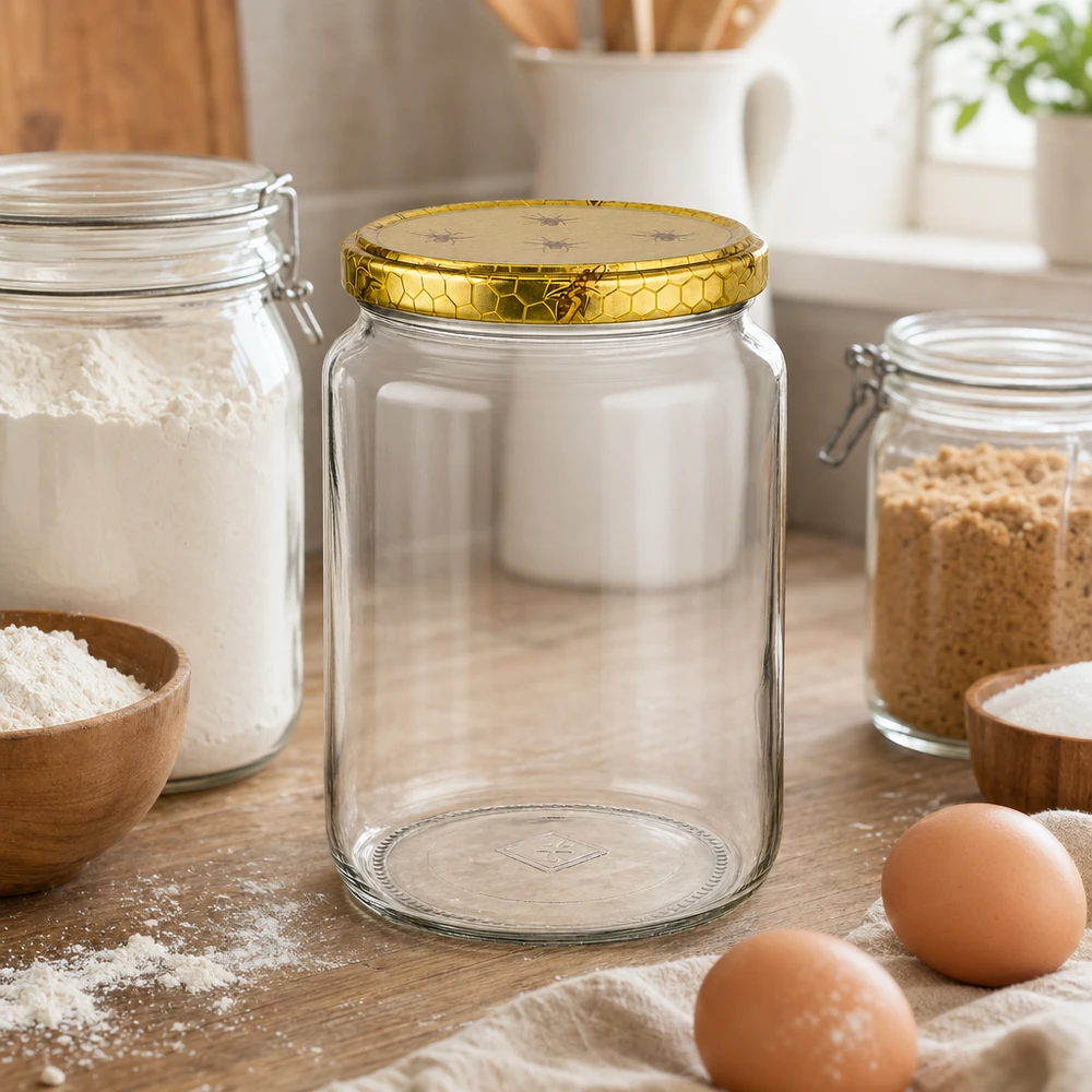 Pot à miel 1000 g avec couvercle motif rayon de miel BasicSeal UNiTWIST Pot de miel de 1000g avec couvercle en nid d'abeille à côté de farine, d'œufs et d'ingrédients de boulangerie sur plan de travail en bois Scène de cuisine Apiculture