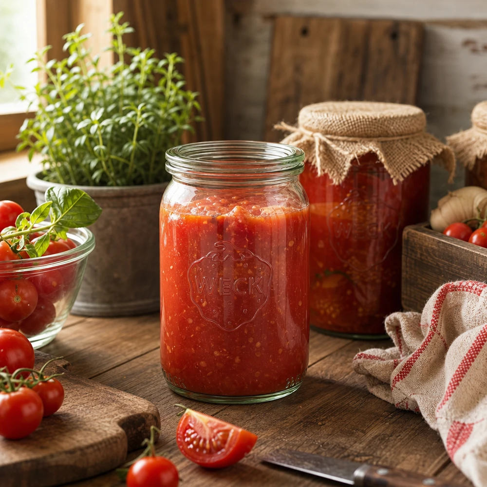 145ml bocal cylindrique avec bouchon en verre WECK RR40 WECK Pot de conserve 145ml rempli de sauce tomate dans une cuisine rustique avec des tomates fraîches et des herbes aromatiques