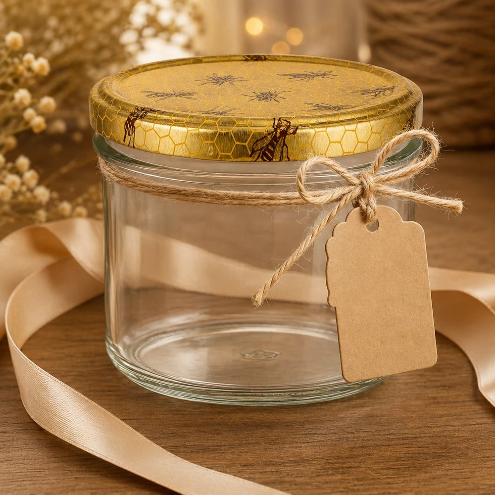Pot à miel 250 g avec couvercle motif rayon de miel BasicSeal UNiTWIST 250g pot de miel vide avec couvercle en nid d'abeille étiquette cadeau ficelle de jute et ruban décoration