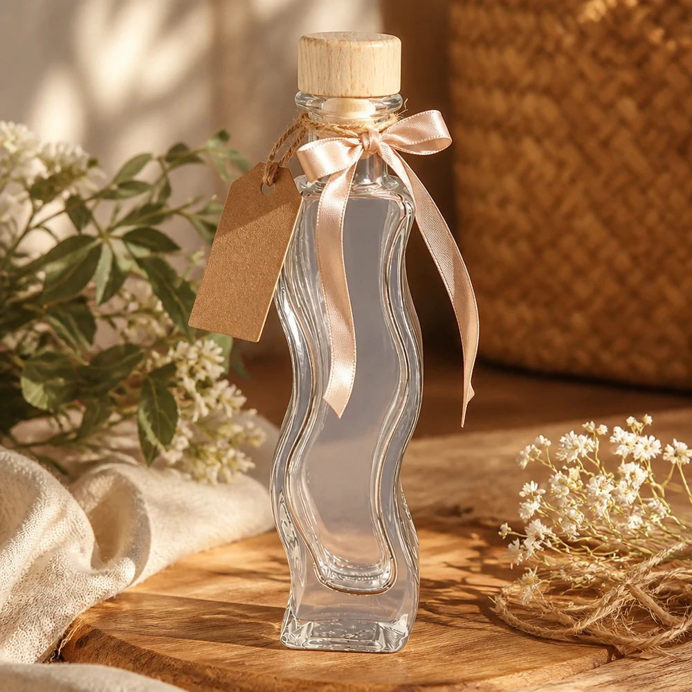 Flacon en verre « Melissa » 100 ml avec bouchon en bois UNiTWIST® Bouteille en verre Melissa de 100ml décorée comme cadeau avec un ruban rose Pendentif en papier kraft Bouchon en bois Décoration naturelle