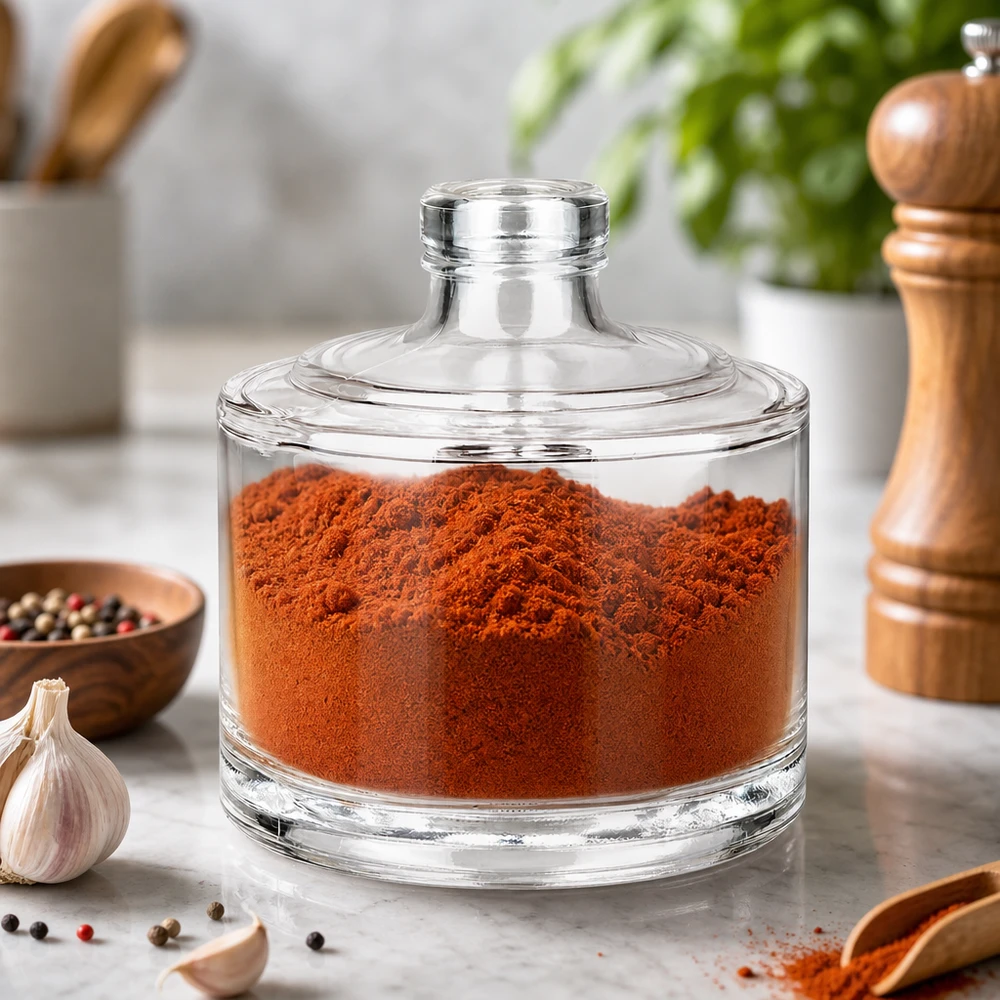 200ml Glasflasche Barbara mit rotem Paprikapulver als Gewürzdose in stilvoller Küchenumgebung mit Knoblauch