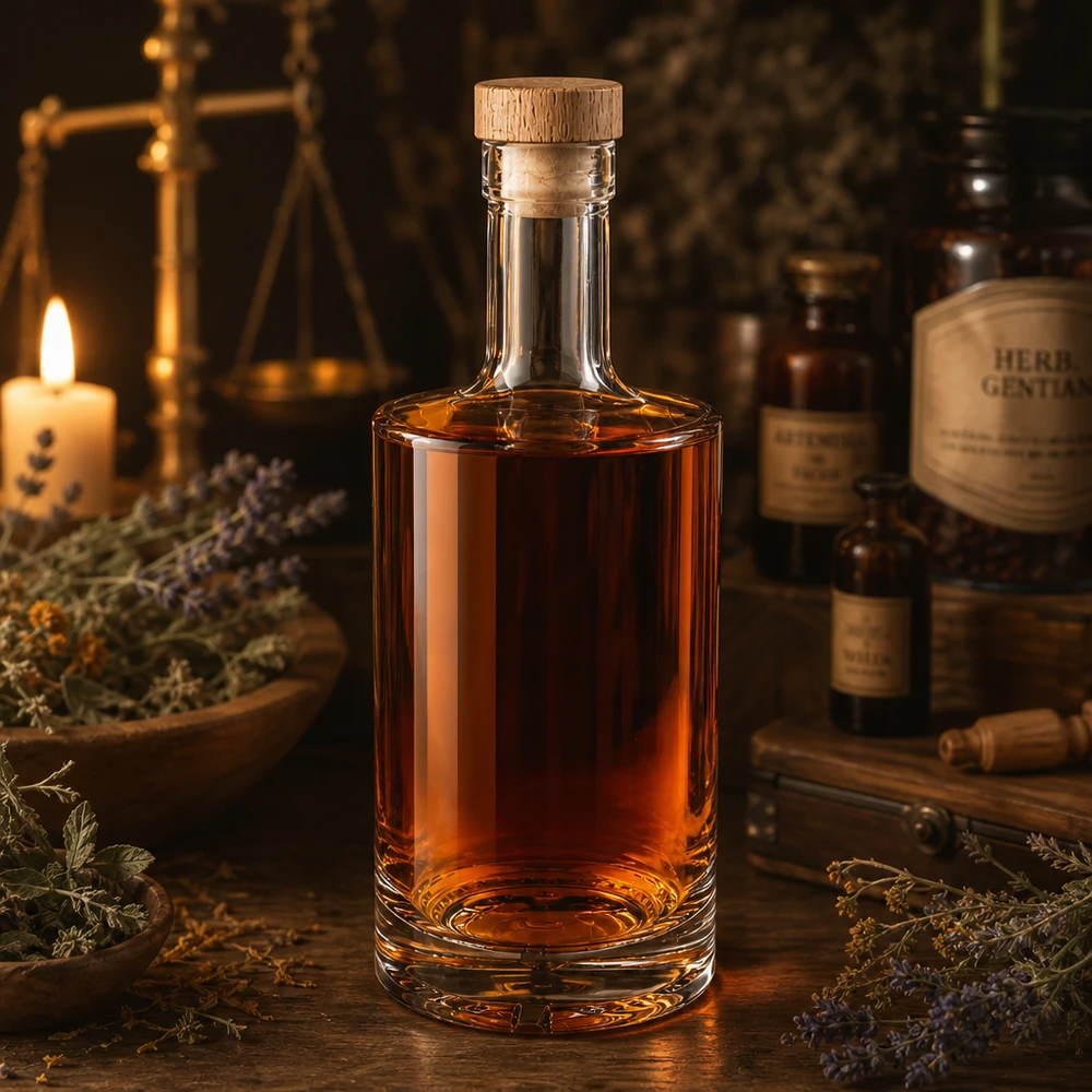 Bouteille en verre 500 ml « Nora » avec bouchon en bois UNiTWIST® Bouteille en verre Nora de 500ml de liqueur aux herbes ambrée Bouchon en bois UNiTWIST Ambiance pharmacien Bougie de lavande