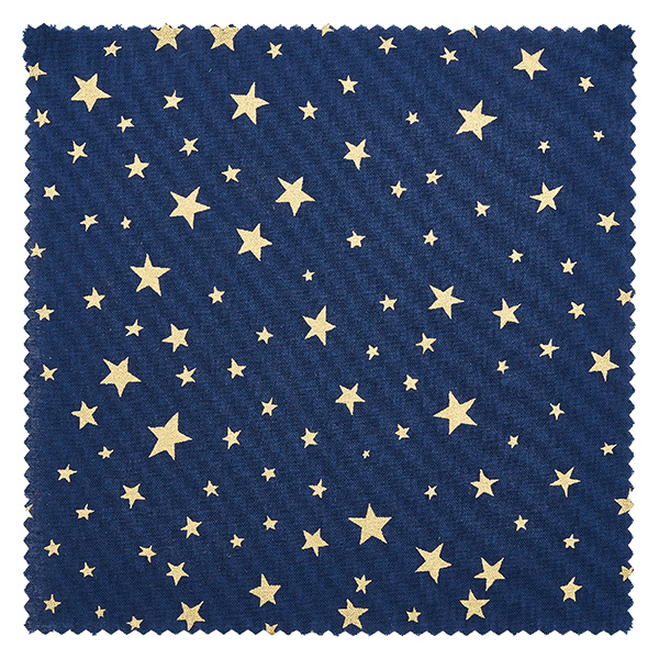 Couvercle en tissu bleu étoiles 120x120mm carré Vue détaillée du napperon en tissu bleu avec des étoiles dorées de différentes tailles, découpe carrée 12cm