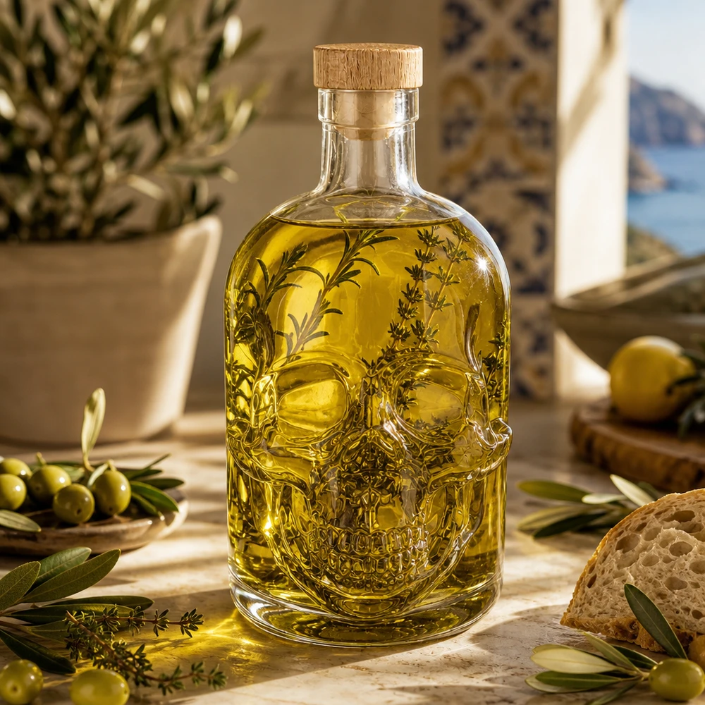 Bouteille en verre 500 ml « Jack » avec bouchon en bois UNiTWIST® Bouteille en verre Jack 500ml remplie d'huile d'olive et d'herbes aromatiques, décoration de cuisine méditerranéenne avec olives et pain