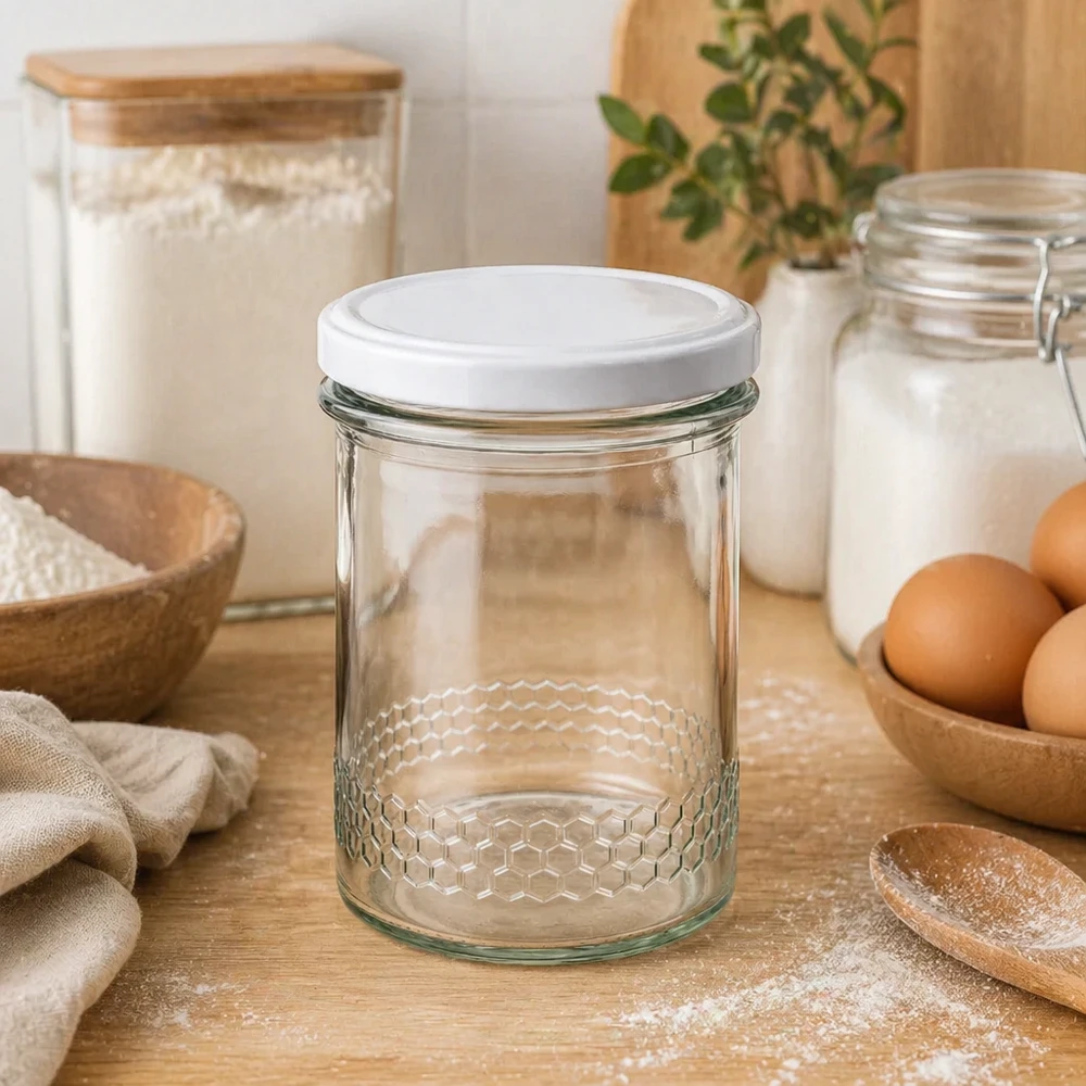 Pot à miel 560 g avec couvercle blanc BasicSeal UNiTWIST Pot à miel de 400ml avec motif en nid d'abeille dans la cuisine à côté des œufs de la farine et des bocaux à provisions équipement de cuisine naturel BasicSeal