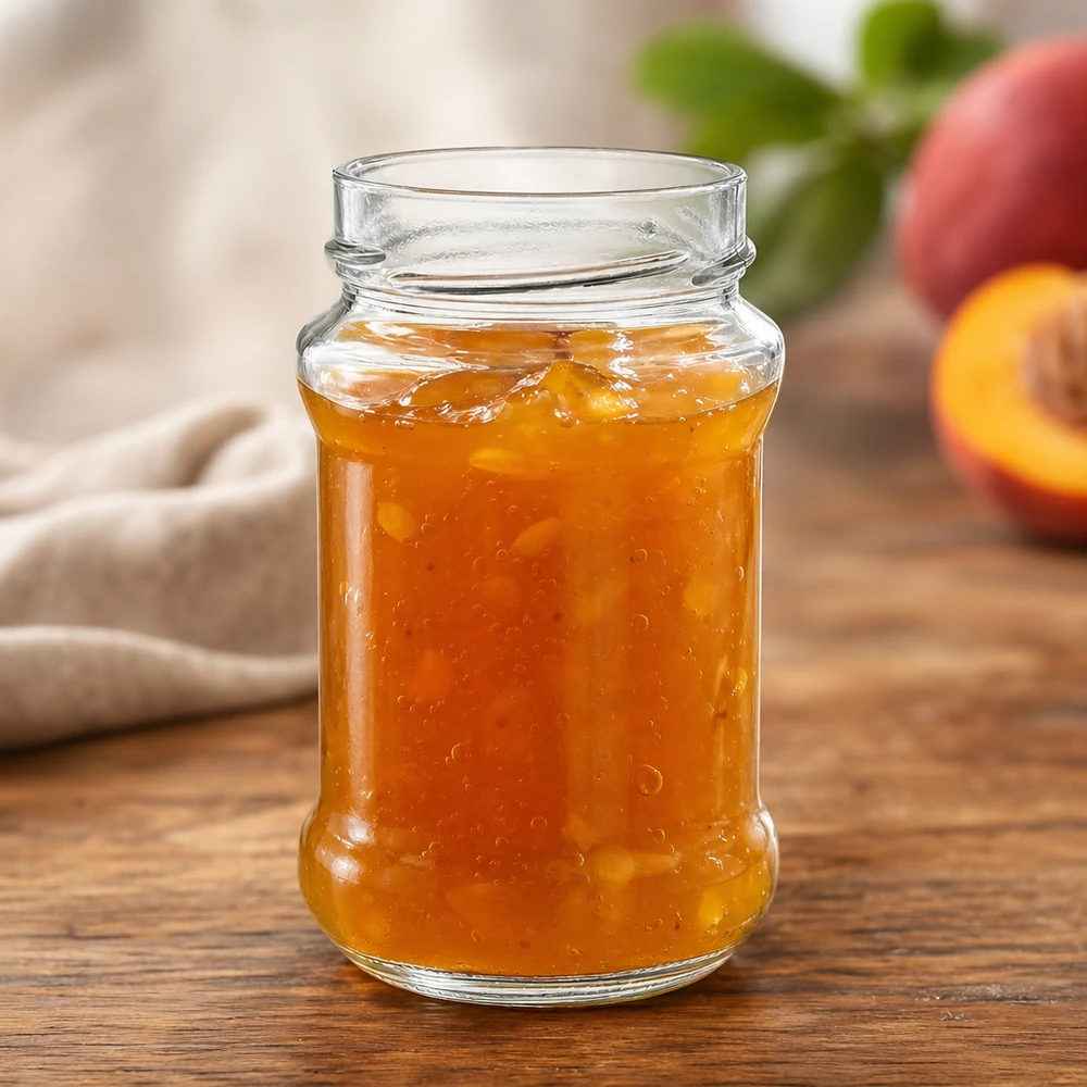 390ml Verre rond sans couvercle (TO66deep) UNiTWIST UNiTWIST Runda390 Verre rond 390ml TO66deep avec confiture de pêches sur table en bois à côté de pêches fraîches