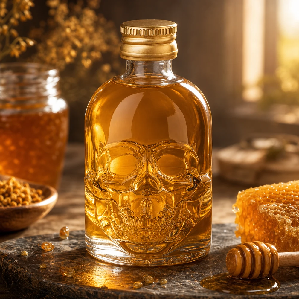 Bouteille en verre Hector 50ml avec tête de mort en relief remplie de miel à côté d'un nid d'abeille et d'une cuillère à miel dans une cuisine chaude