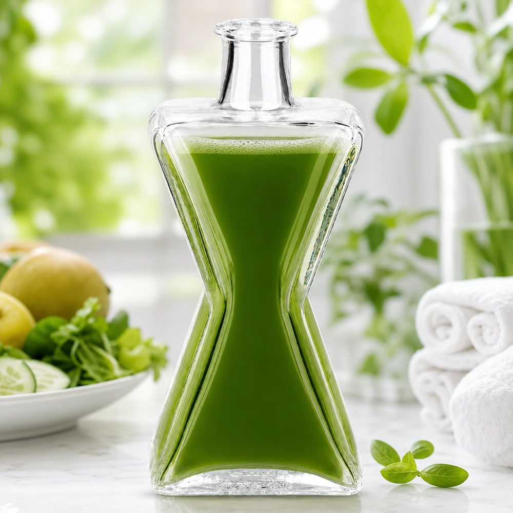 Elégante bouteille en verre Star remplie de smoothie vert à côté d'herbes fraîches et de citrons dans une cuisine lumineuse