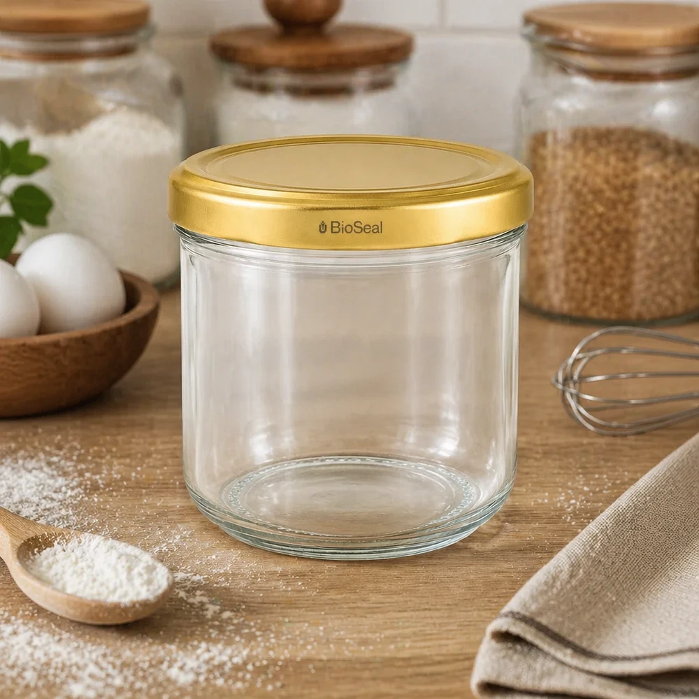 260ml Verre conique avec couvercle BioSeal or UNiTWIST UNiTWIST 260ml Verre renversé en environnement de cuisine avec ingrédients de cuisson - couvercle TO82 BioSeal doré pour la conservation