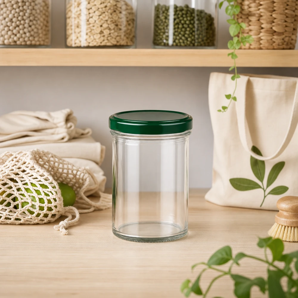 Verre renversé de 350 ml UNiTWIST avec couvercle vert dans une cuisine durable Zero-Waste avec des produits écologiques et des plantes