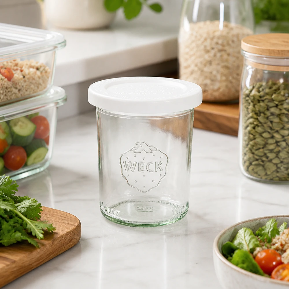 WECK 160ml bocal renversé RR60 dans une cuisine moderne avec des bocaux à provisions, de la salade et des herbes fraîches - conservation polyvalente