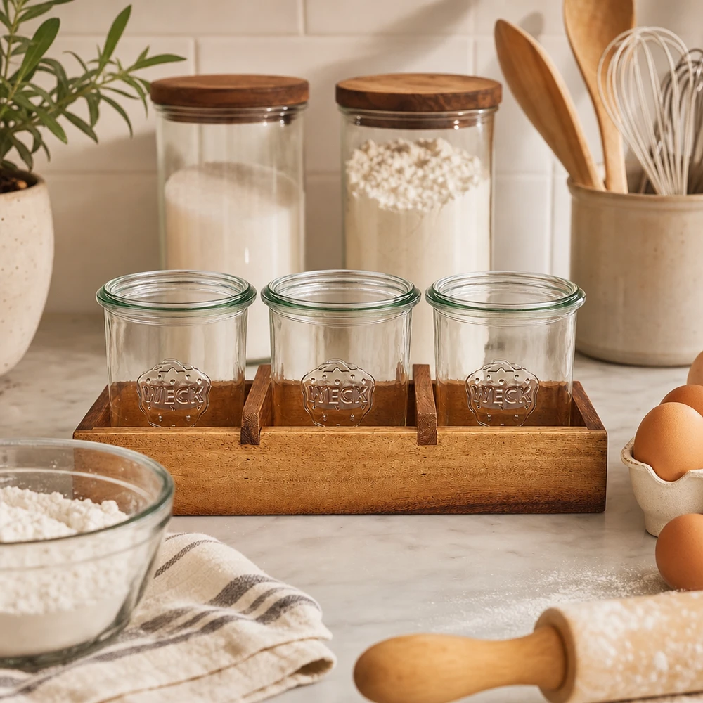 WECK Pots à l'envers dans le bois d'acacia Planche de service Box3 Scène de cuisine Ingrédients de boulangerie Œufs Farine Veinure naturelle du bois Rangement