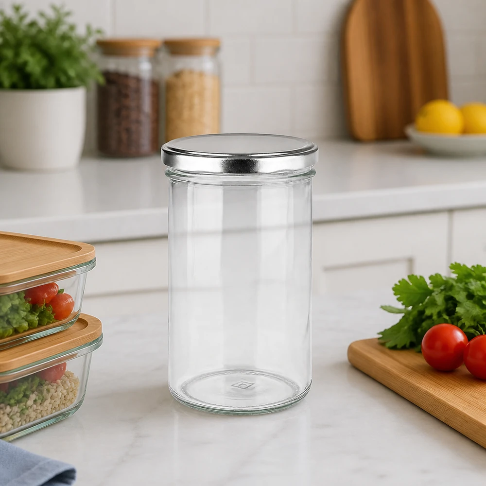 Verre renversé de 277 ml avec couvercle BasicSeal argenté sur le plan de travail de la cuisine à côté des boîtes de conservation et des herbes aromatiques