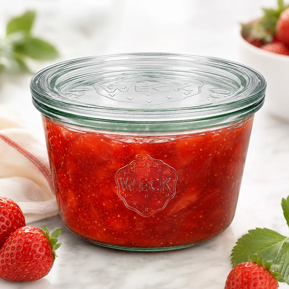 Bocal en verre de 370 ml avec couvercle en verre WECK RR100 WECK Pot renversé 370ml RR100 rempli de confiture de fraises rouges entourée de fraises fraîches sur une surface blanche