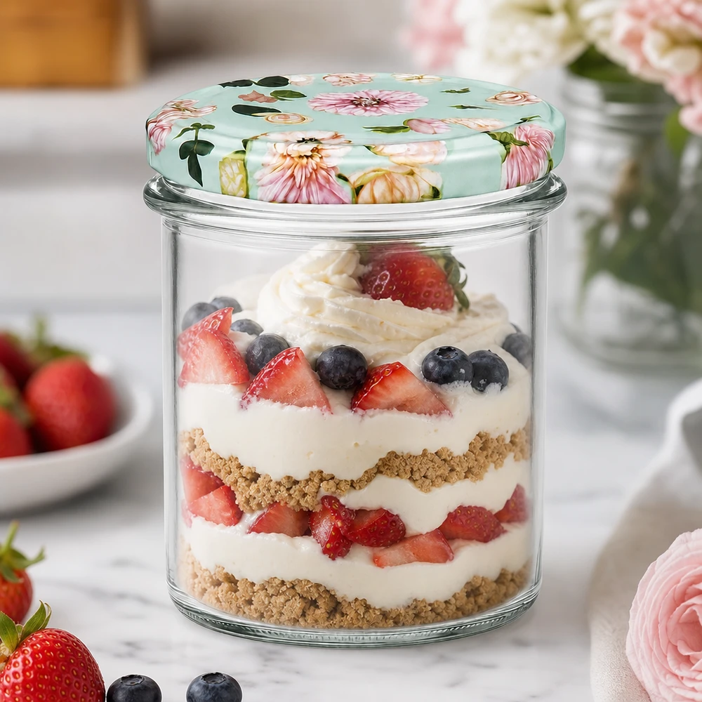 Verre renversé de 350 ml avec couvercle à fleurs menthe utilisé comme verre à dessert pour les desserts en couches avec des baies et de la crème.