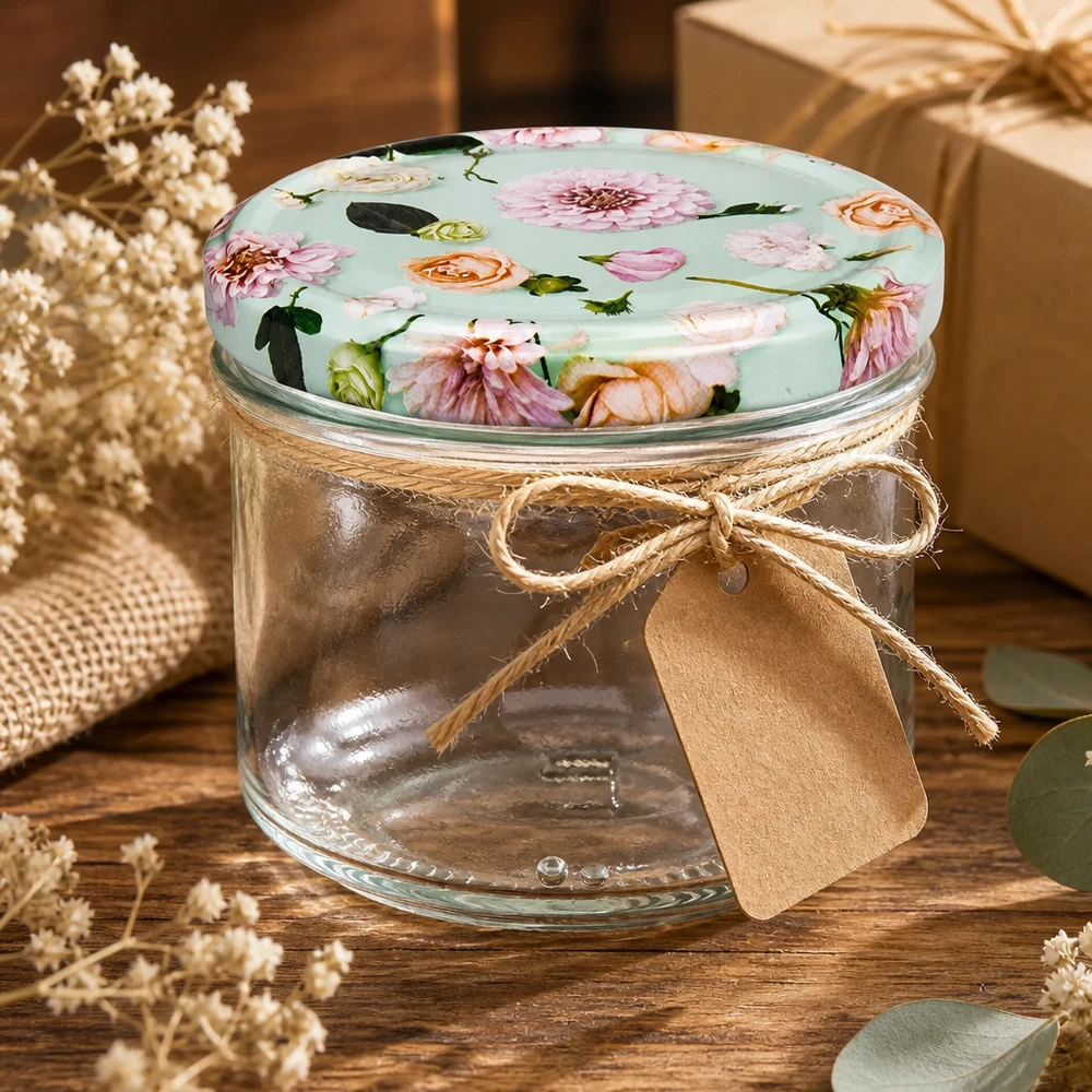 Bocal cylindrique vide de 230ml avec couvercle BasicSeal fleur menthe comme idée cadeau - Bocal à provisions décoré avec une boucle de jute