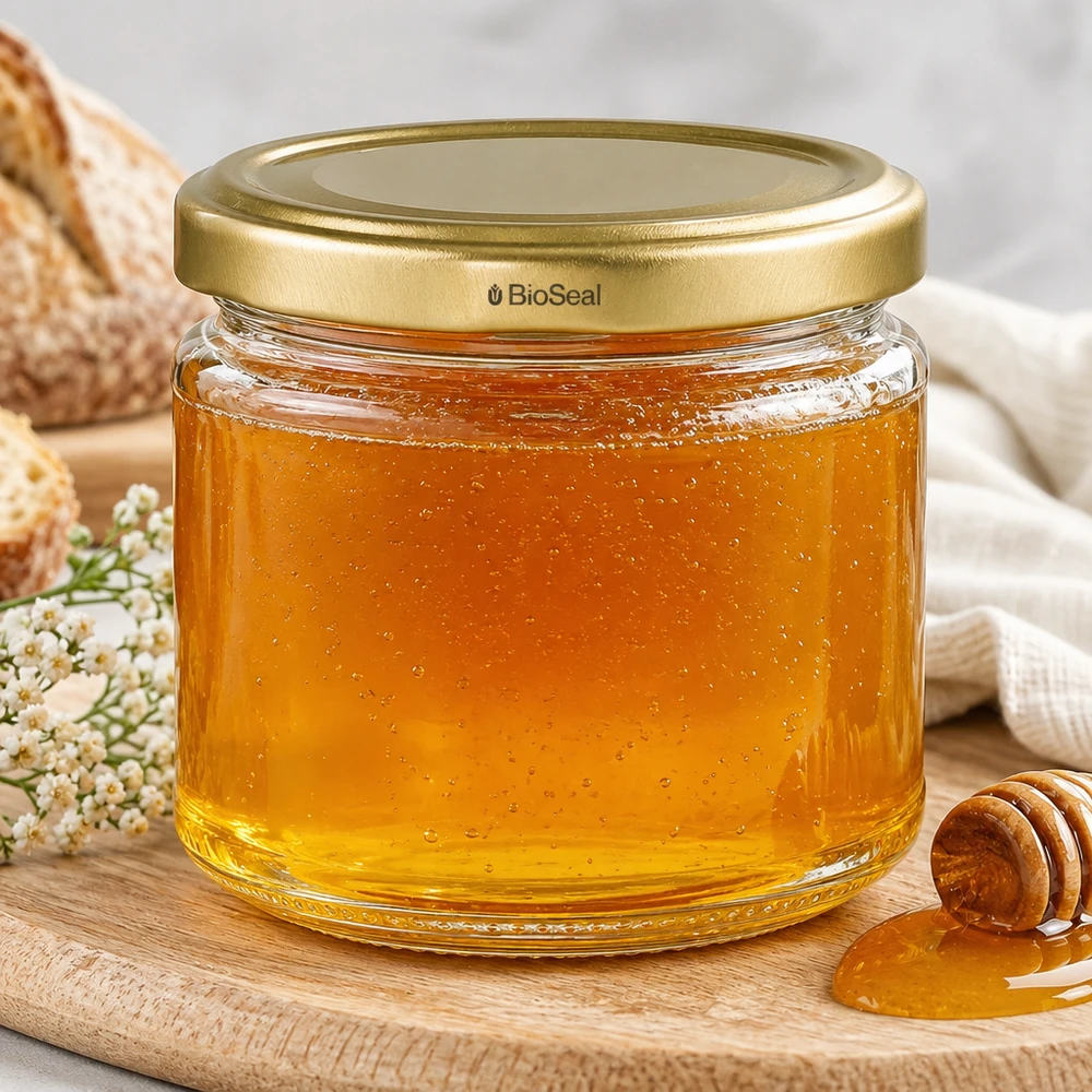 330ml Verre rond avec couvercle BioSeal or UNiTWIST UniTWIST Runda330 Pot de miel rempli de miel doré et bouchon BioSeal pour l'apiculture et l'alimentaire