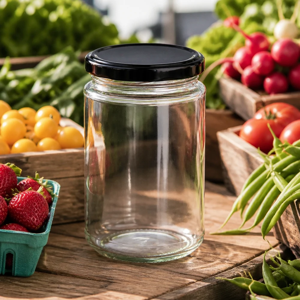 390ml Bocal rond vide BasicSeal Couvercle noir Légumes frais Fruits Marché Bocal de conservation Cuisine