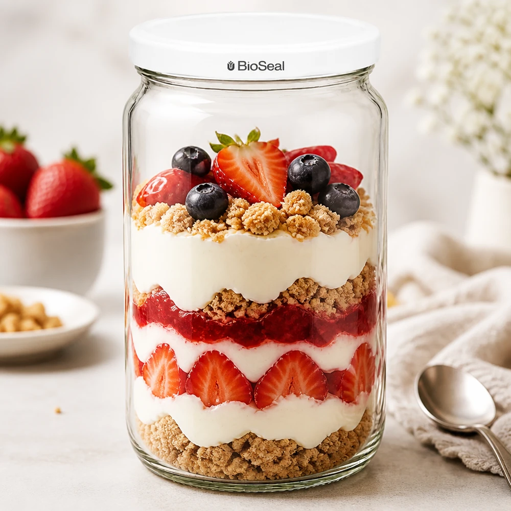 795ml Verre rond avec couvercle BioSeal blanc UNiTWIST UNiTWIST Runda795 Verre à dessert avec couche de yaourt et de baies parfaites - polyvalent pour les créations sucrées et les desserts