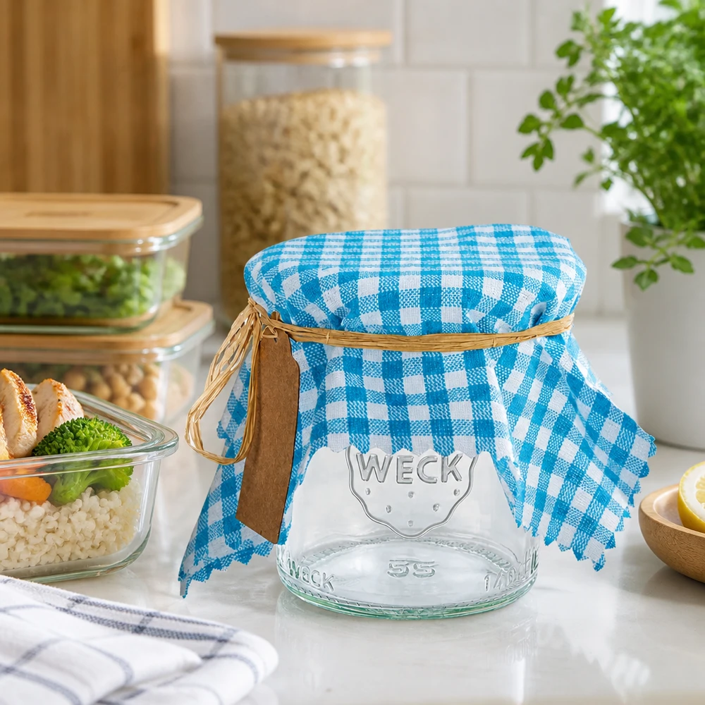 Tissu napperon pour décoratif turquoise à carreaux 15cm carré Couvre-bijoux en tissu à carreaux turquoise et blanc sur un bocal de conservation dans une cuisine moderne entre des récipients à provisions