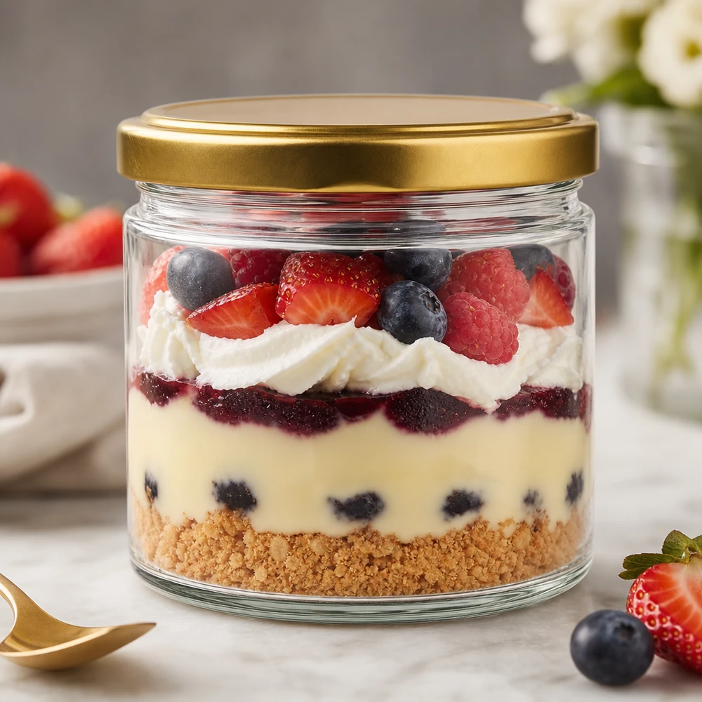 540ml Verre rond avec couvercle BasicSeal or UNiTWIST Verre rond de 540 ml avec couvercle BasicSeal doré comme verre à dessert rempli de petits fruits et de crème.