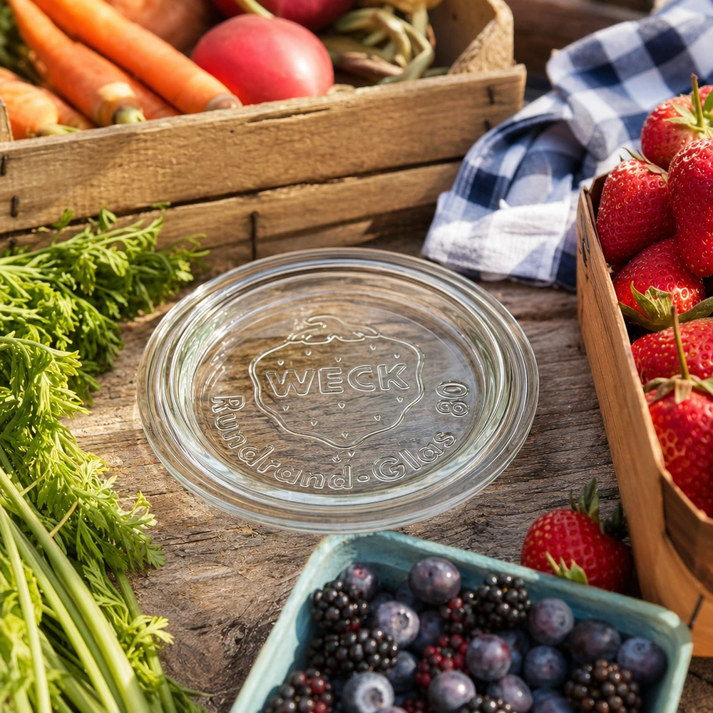 Couvercle en verre WECK RR80 WECK Couvercle en verre RR80 avec logo en relief entre fraises fraîches carottes et baies sur bois rustique