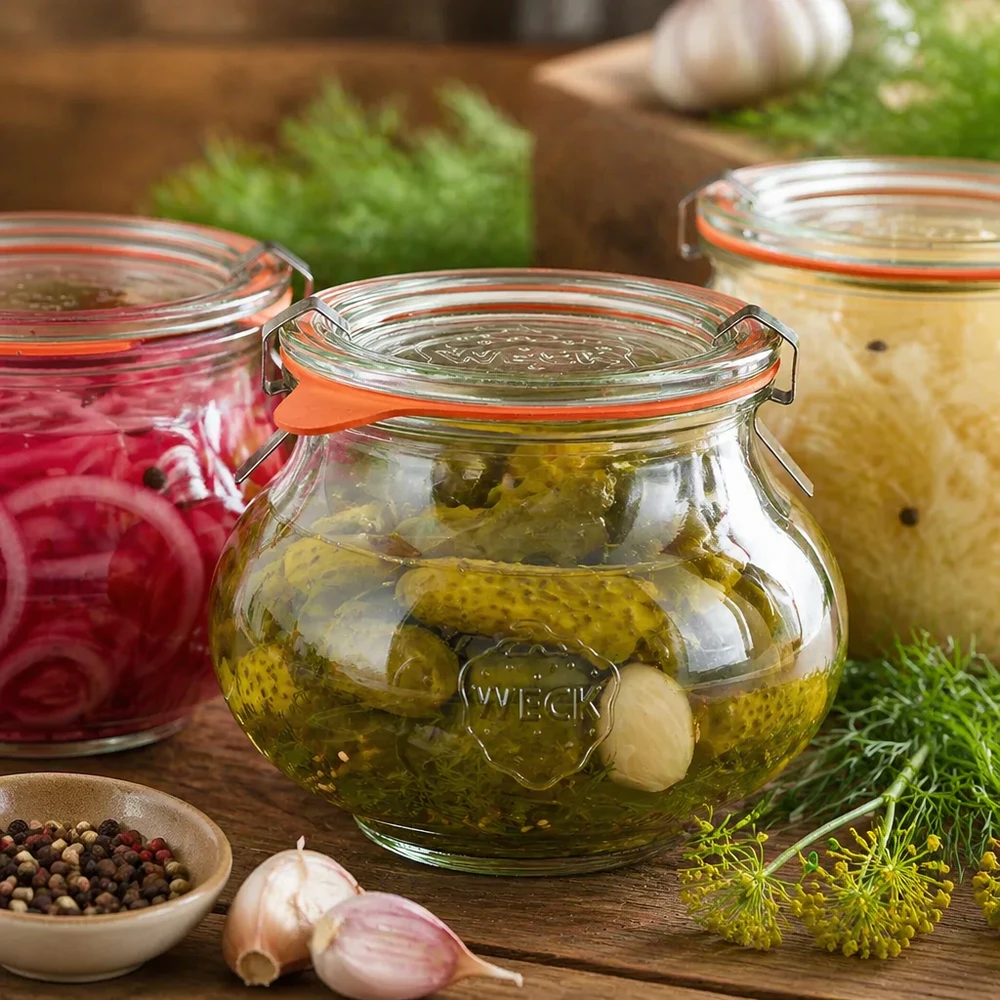 Bocal décoratif WECK RR80 de 560 ml, complet WECK Pot décoratif 560ml avec cornichons et légumes marinés, entourés d'épices et d'herbes pour la mise en conserve