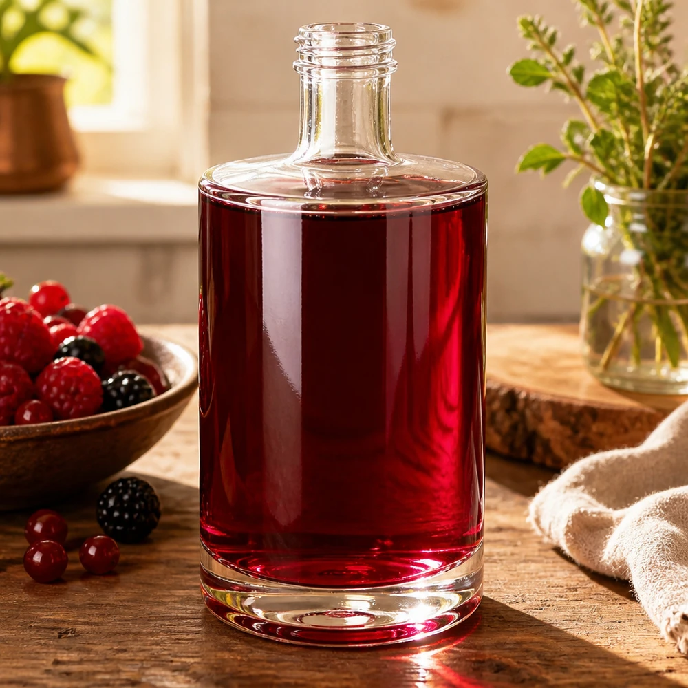 Bouteille en verre Sam de 500 ml remplie de jus de baies rouges Décoration table en bois Baies Herbes aromatiques ambiance naturelle