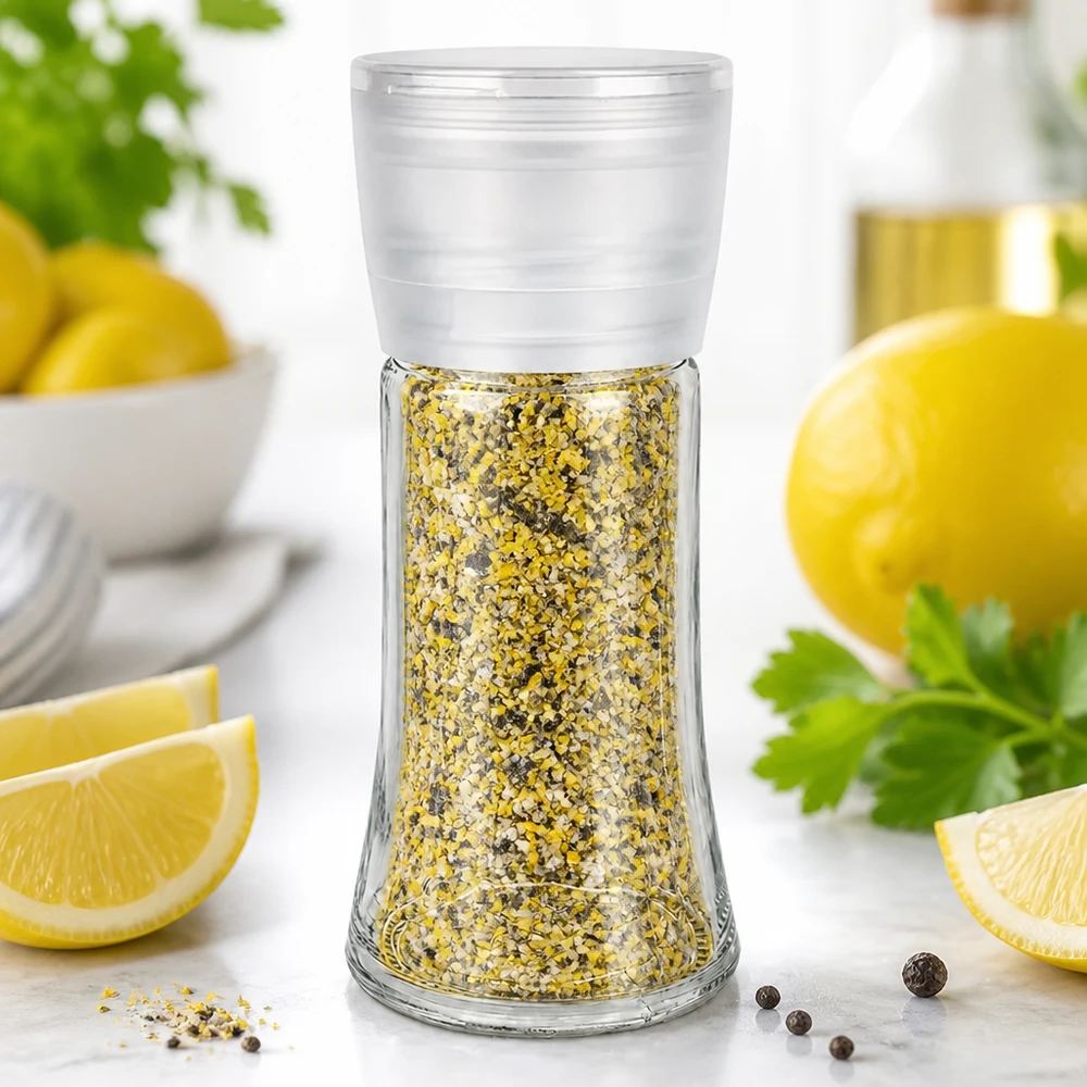 Pot à sel/épices 95 ml avec moulin Vario blanc Pot à épices au poivre citronné de 95 ml avec moulin blanc Vario, accompagné de rondelles de citron frais
