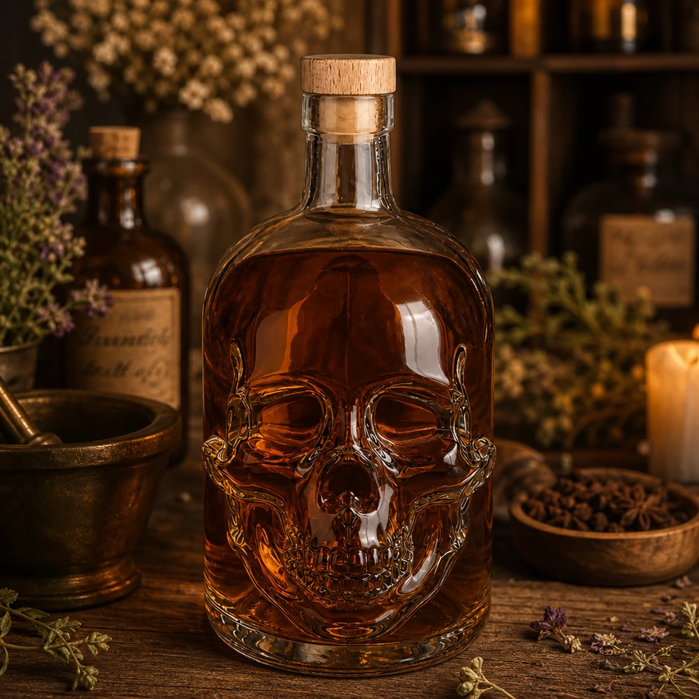 Bouteille en verre 700 ml « Jack » avec bouchon en bois UNiTWIST® Totenkopf-Glasflasche 700ml Jack mit bernsteinfarbener Füllung in apothekerartiger Kräuter-Destillerie-Szene