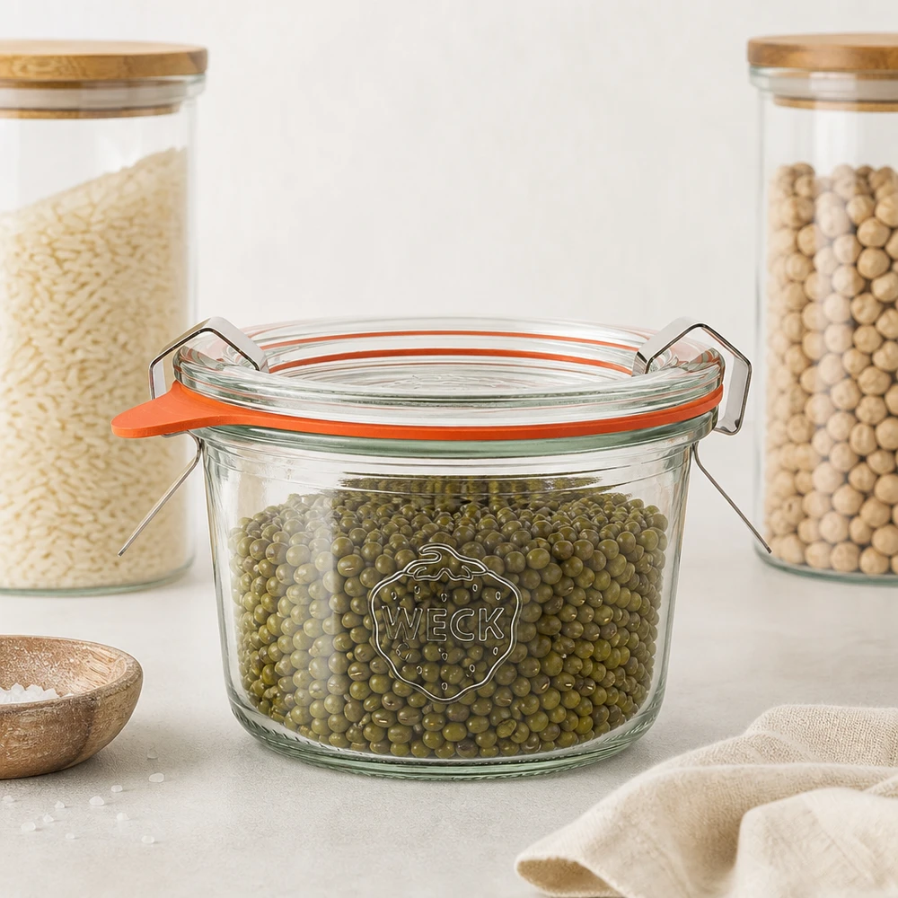 WECK Pot renversé 80ml RR60 avec haricots mungo verts dans une cuisine de réserve moderne montre le stockage hermétique des légumineuses