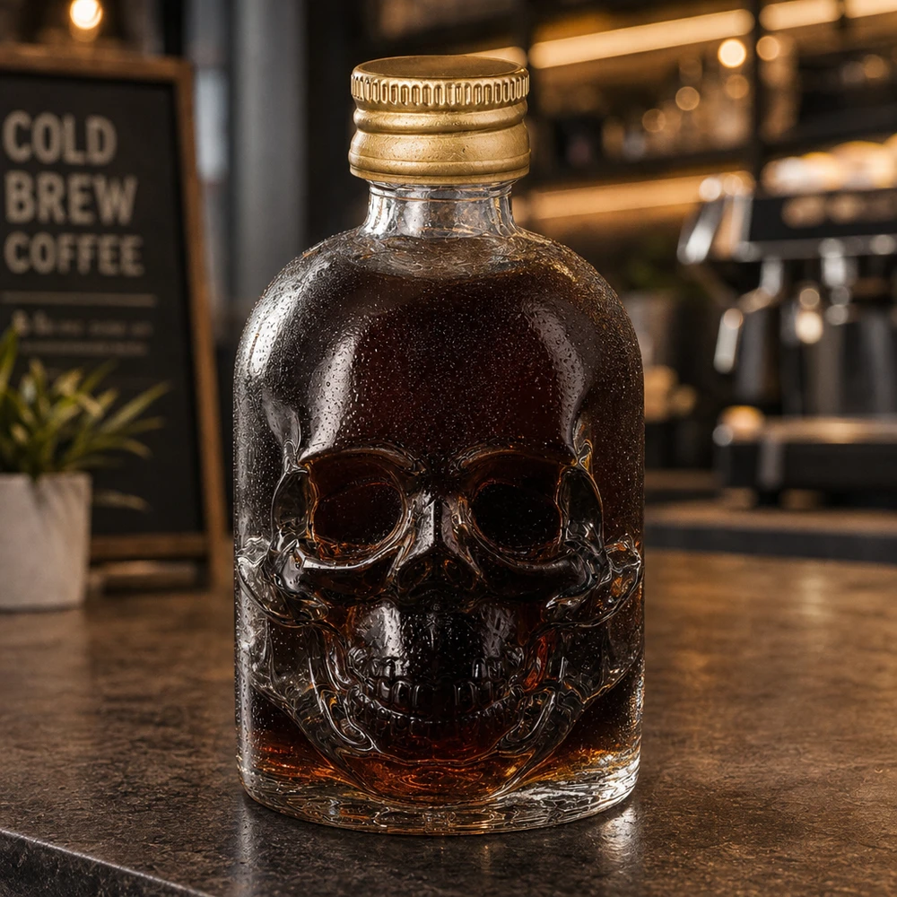 Bouteille en verre de 50ml Hector avec relief de tête de mort et bouchon à vis doré dans une atmosphère de café avec Cold Brew Coffee