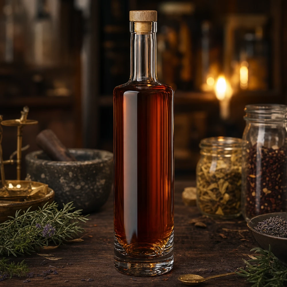 Bouteille en verre 500 ml « Lina » avec bouchon en bois UNiTWIST® 500ml Glasflasche Lina mit bernsteinfarbener Flüssigkeit und Holzkorken in rustikaler Küche mit Gewürzen und Kräutern