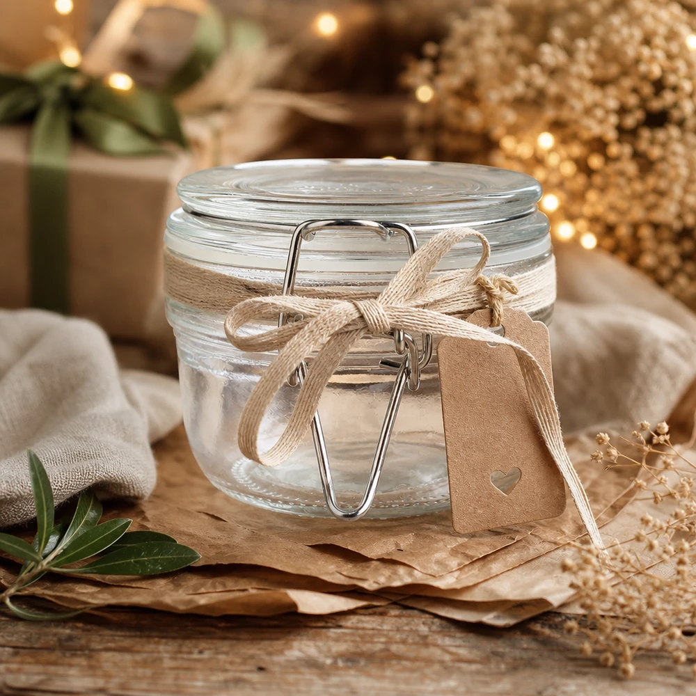 Pot de réserve 200ml type S avec fermeture à étrier UN.. Bocal décoratif de 200 ml à fermeture à étrier avec ruban rustique pour une utilisation élégante en cuisine
