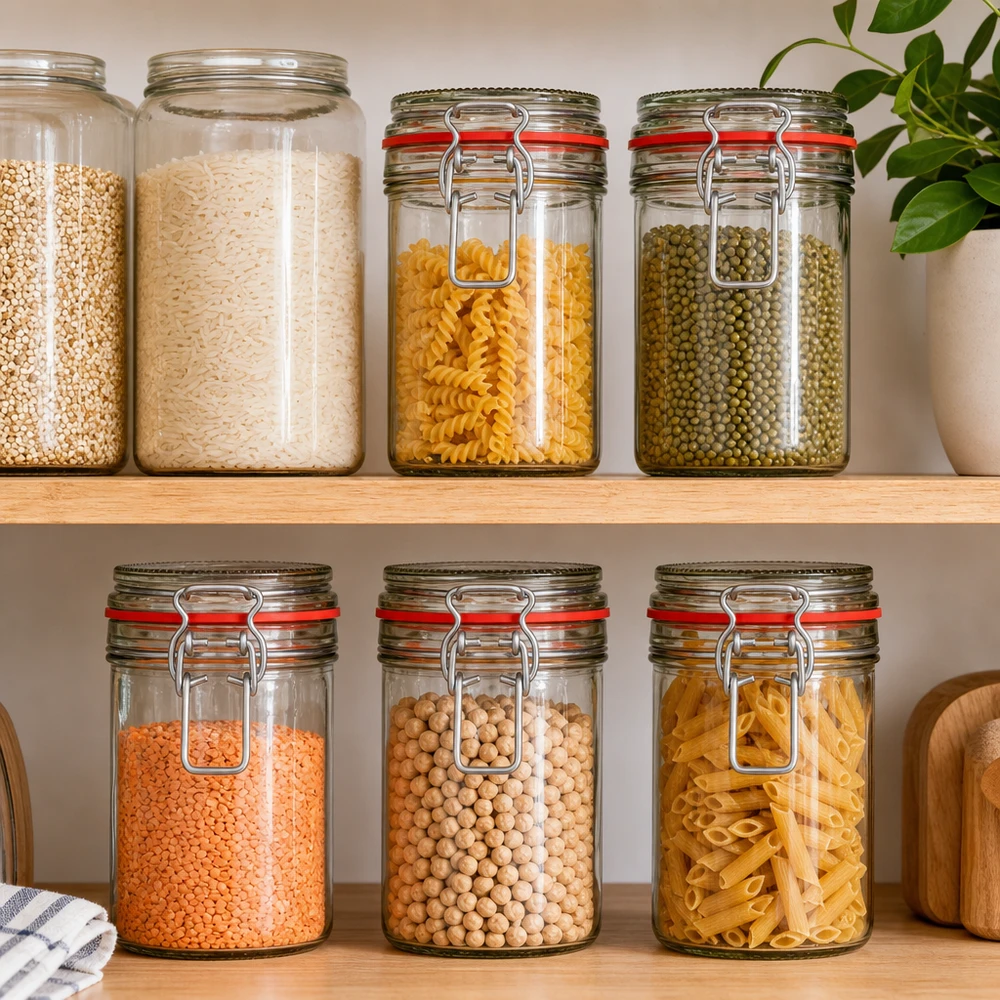 Bocaux à armature de différentes formes rangés avec des ingrédients secs