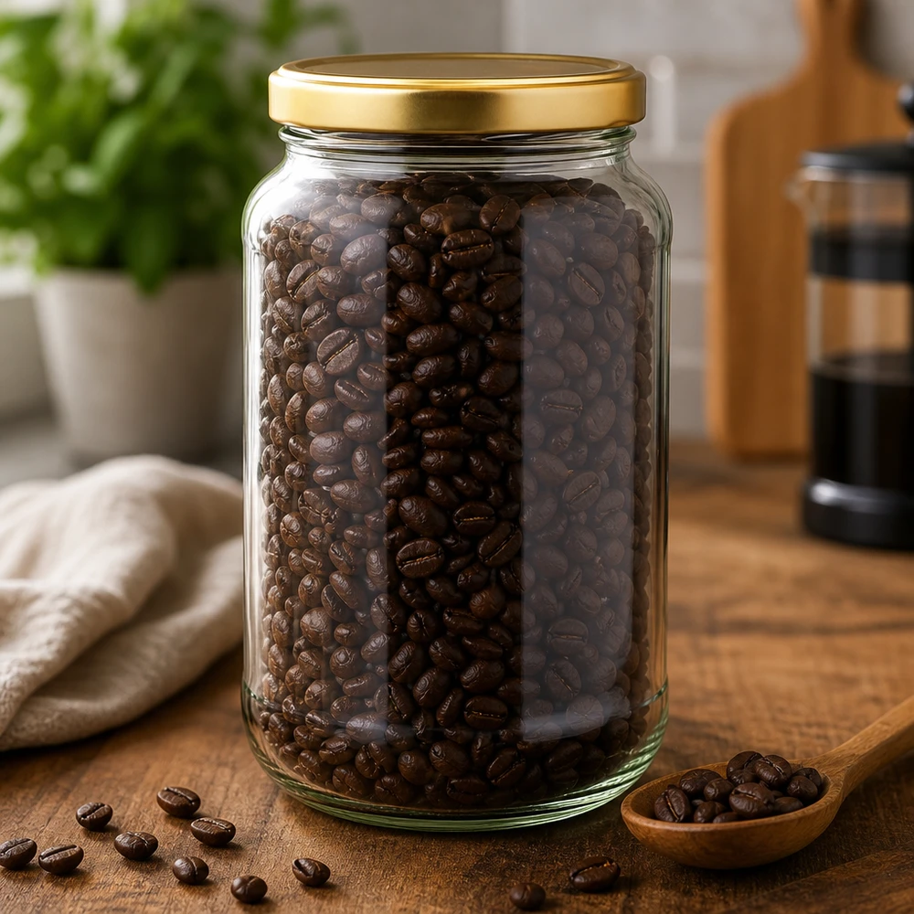 Bocal rond de 1700 ml avec couvercle doré BasicSeal rempli de grains de café sur une planche en bois dans la cuisine montre la conservation des provisions