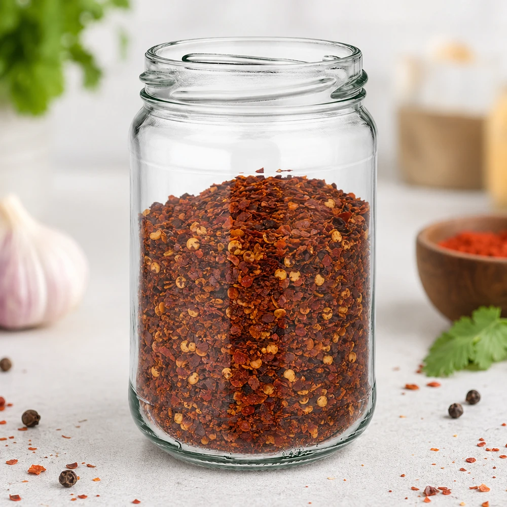 305ml Verre rond sans couvercle (TO63) UNiTWIST UNiTWIST Runda305 Verre rond 305ml TO63 rempli de flocons de piment sur plan de travail de cuisine avec épices