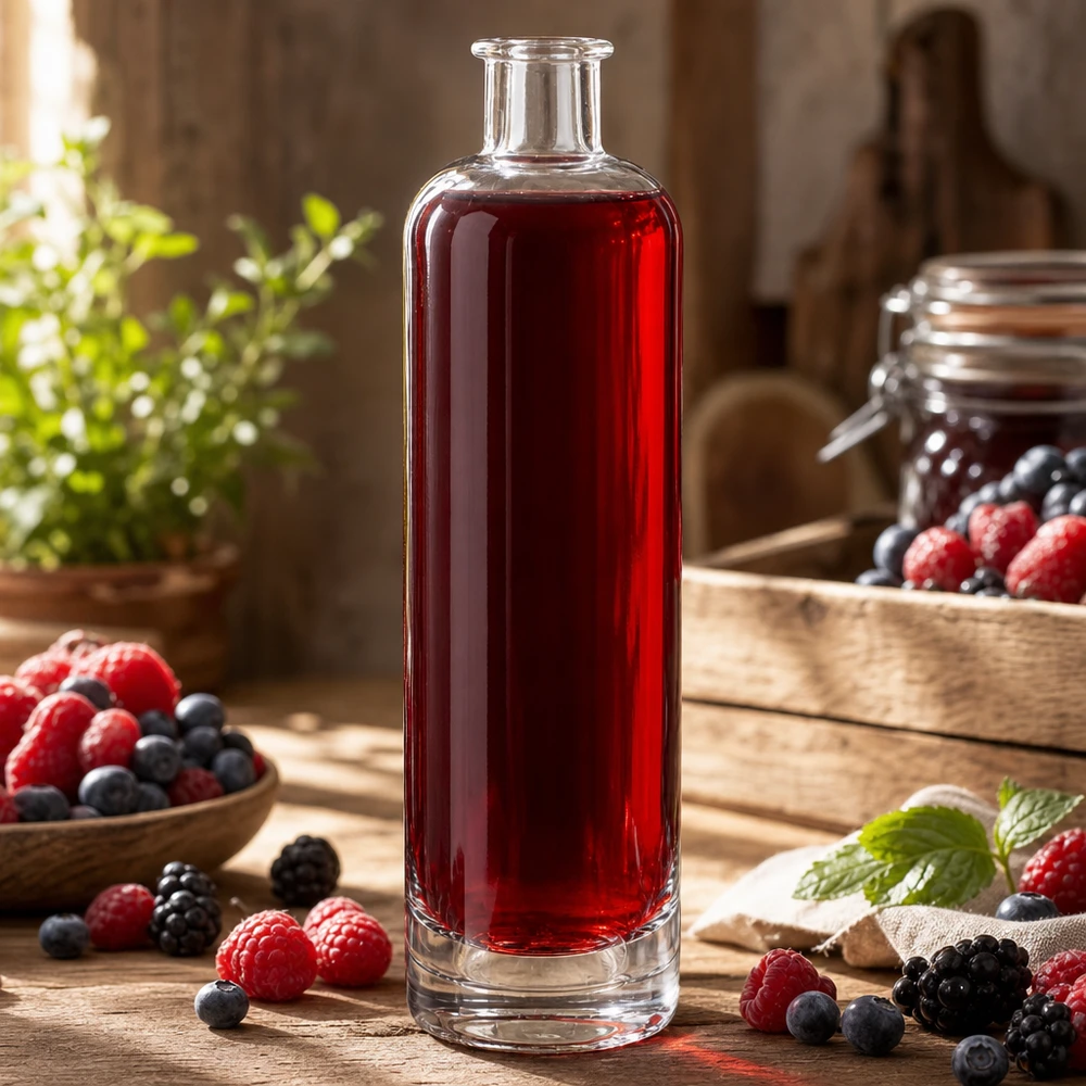Bouteille en verre 500 ml « Ella » sans bouchon UNiTWIST® Bouteille en verre de 500 ml Ella UNiTWIST remplie de jus de baies rouges entouré de framboises et de myrtilles fraîches