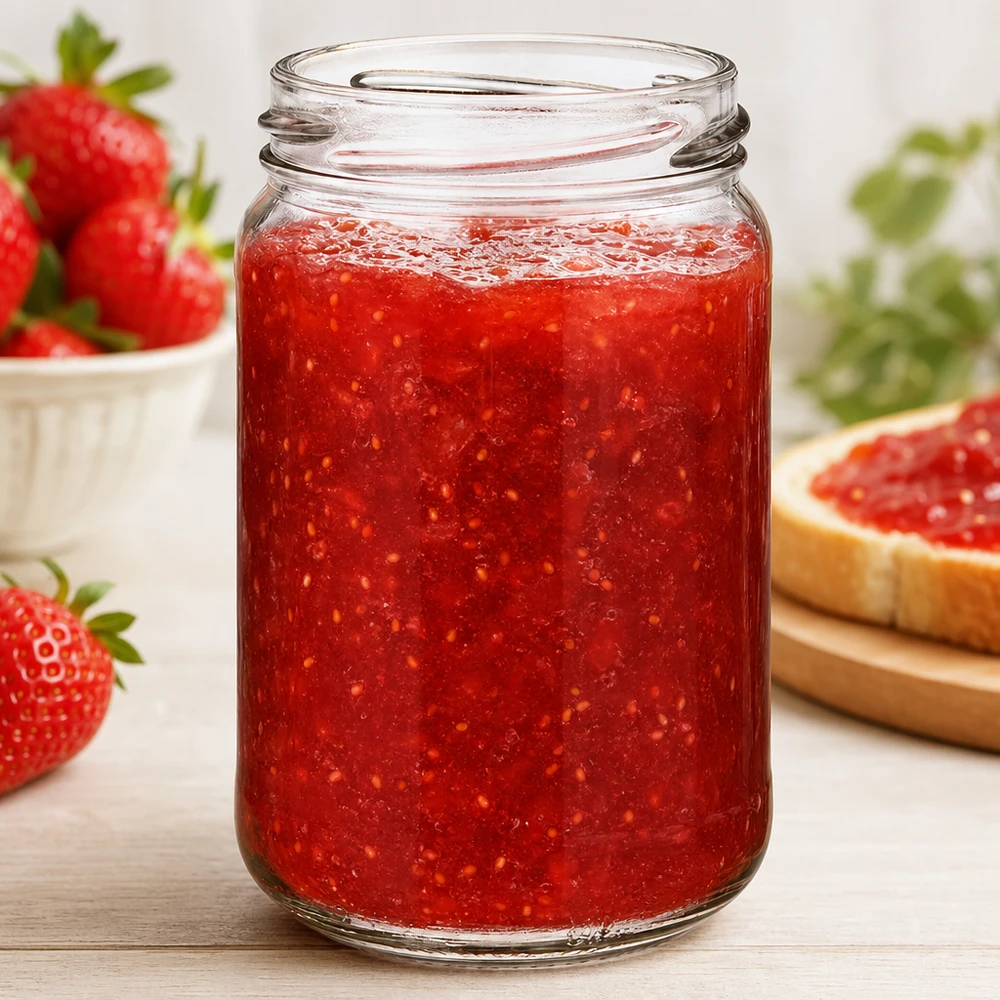 305ml Verre rond sans couvercle (TO63) UNiTWIST UNiTWIST Runda305 Pot rond 305ml TO63 rempli de confiture de fraise rouge, pot de conservation pour confiture et pâte à tartiner
