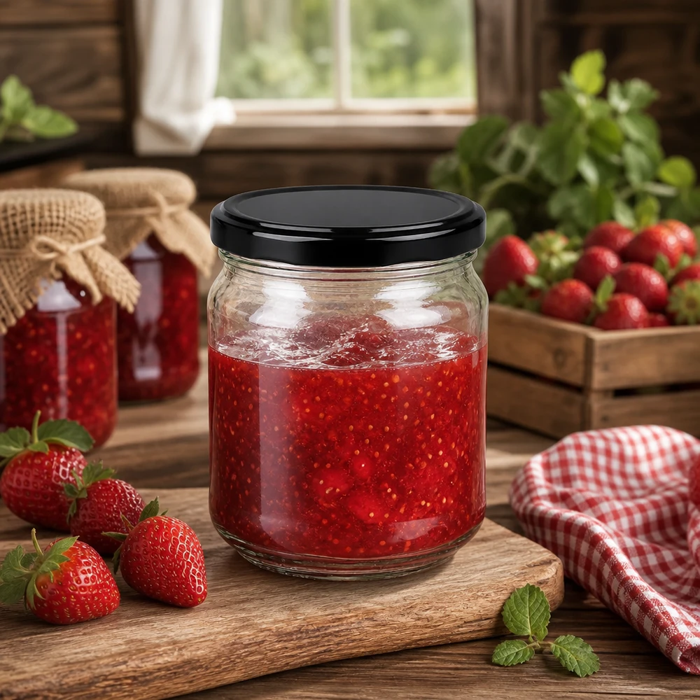 212ml Verre rond avec couvercle BasicSeal noir UNiTWIST Pot rond de 212ml avec couvercle BasicSeal noir rempli de confiture de fraises sur planche en bois dans une cuisine rustique