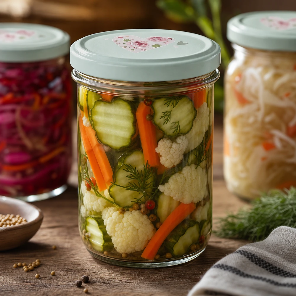 350ml Sturzglas BasicSeal Deckel Herz mint gefüllt mit eingelegtem Gemüse Gurken Karotten Blumenkohl Dill Konservierung