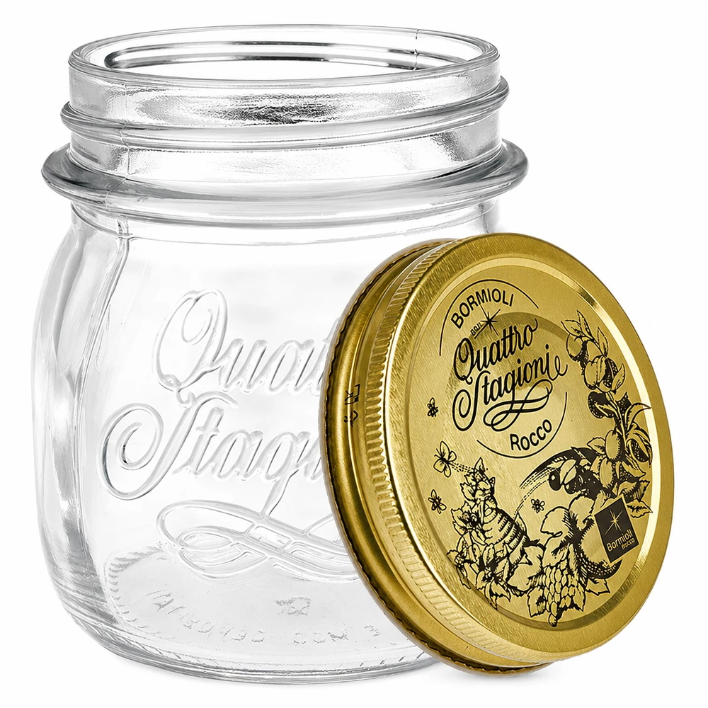 Verre rond 250ml « Quattro Stagioni » avec couvercle 250ml bocal rond Quattro Stagioni avec couvercle doré bocal à conserves design italien