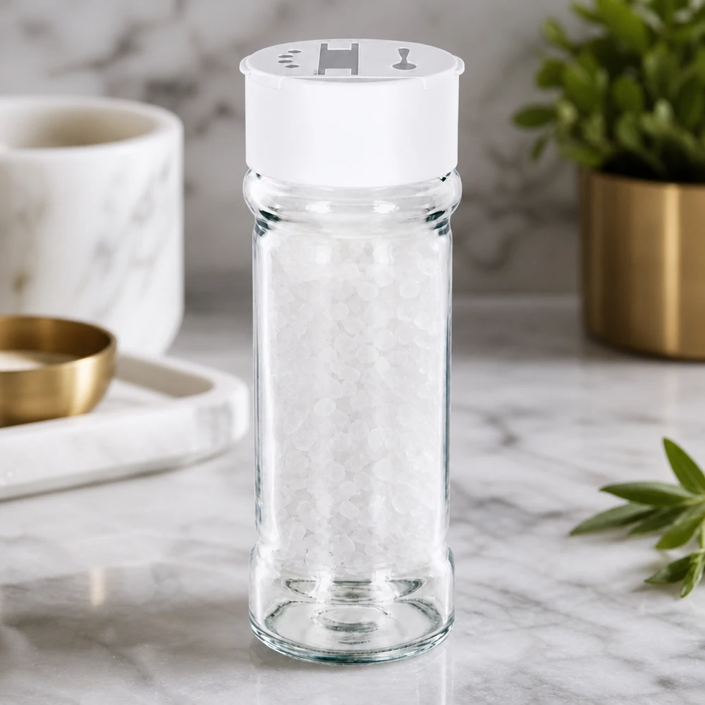 Pot à épices transparent de 100 ml avec saupoudreuse double blanche posée sur du marbre, rempli de gros sel marin