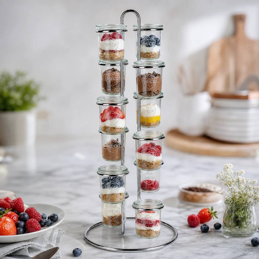 Présentation de desserts avec WECK Vertico12 Le support de service montre 12 pots de yaourt aux baies et de granola sur le comptoir de la cuisine
