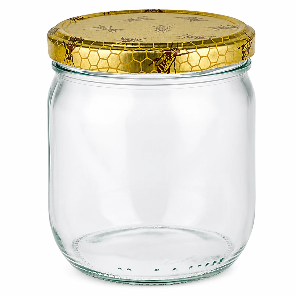 Pot à miel 500 g avec couvercle motif rayon de miel BasicSeal UNiTWIST Pot à miel vide de 500g avec couvercle à visser doré en nid d'abeille pour l'apiculture et le conditionnement du miel