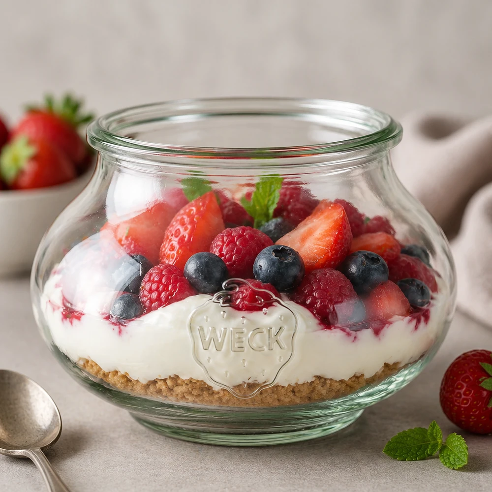 Bocal décoratif WECK présenté avec un dessert aux fruits rouges
